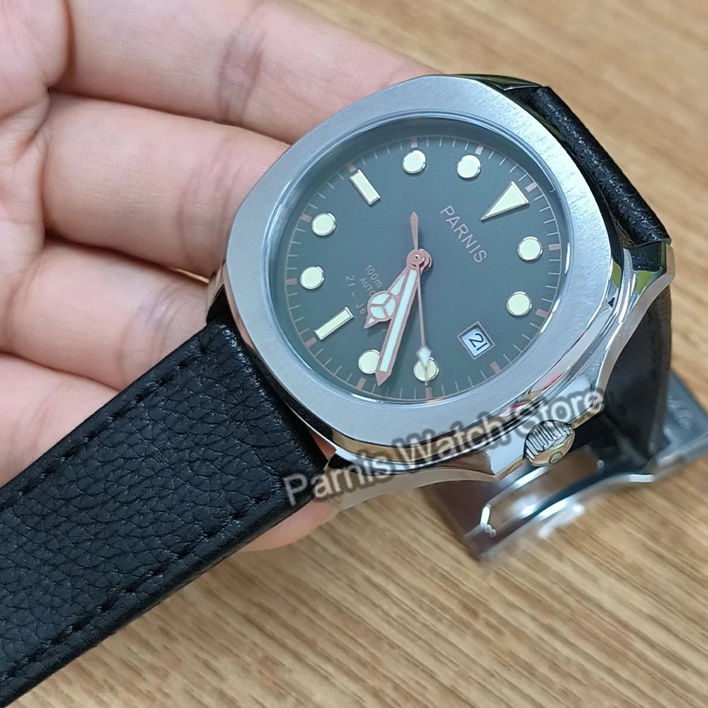 Parnis 39mm Orologio da polso da uomo in acciaio inossidabile Miyota8215 Orologio meccanico automatico Segni luminosi Quadrante verde con cinturino in pelle