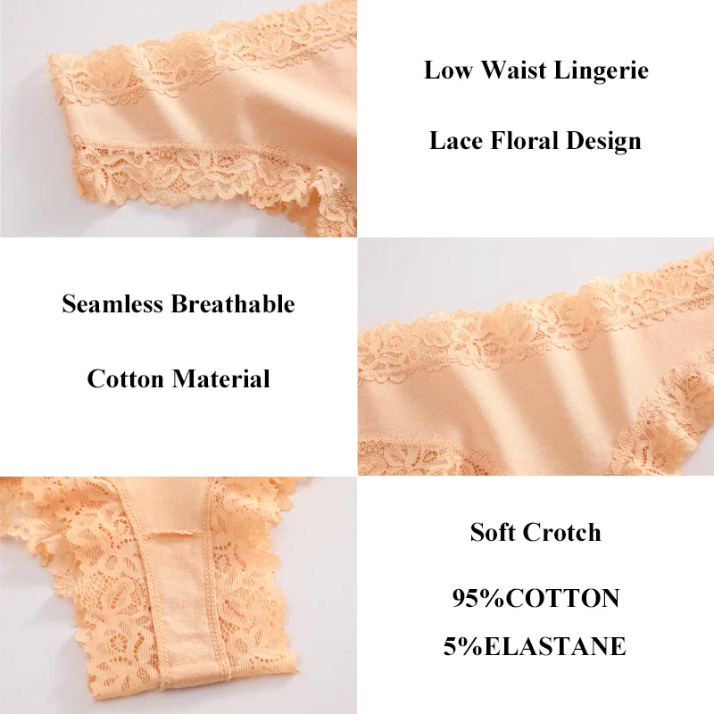 FINETOO 3Pcs Cotton Lace Floral Thongs Women Sexy Seamless Underwear Breathable Panties Low Waist Solid G-string Soft Lingerie