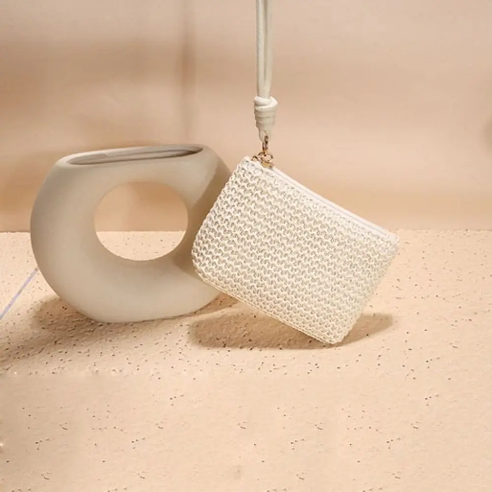 

Portable Lightweight Straw Woven Coin Purse Earphone Case ID Card Holder Card Holder Wallet Hand Held Mini Storage Bag Daily