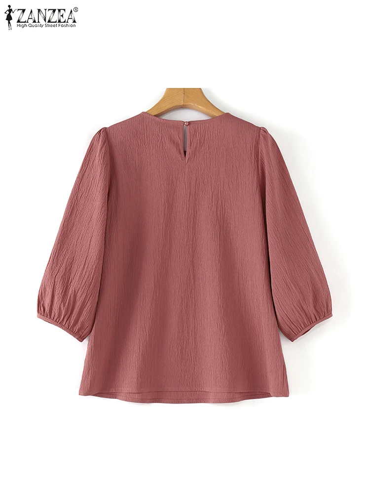 ZANZEA Crinkled Fabric O Neck Blouses Autumn 2024 Women Classy 3/4 Puff Sleeve Solid Color Shirts Tops Casual Elegant Blusas