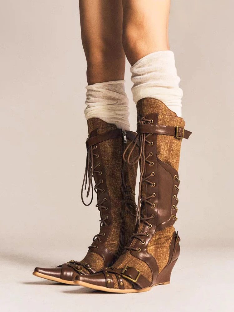 2026 New Punk Western Cowboy Boots Women's Brown Side Zip High Top Fashion Boots with Cross Strap And Metal Detailing