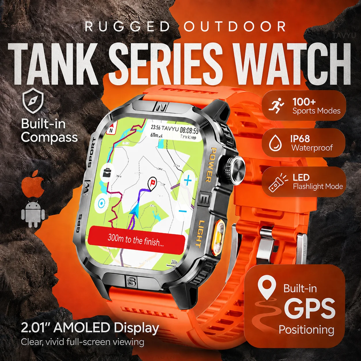

2026 New TANK Series Smart Watch Men 6-Sat GPS Offline Map IP68 Freediving Compass Flashlight 2.01"AMOLED 100+Sport Smartwatches
