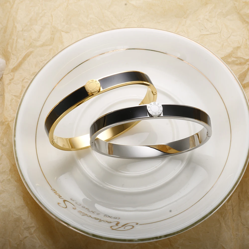 Enamel Roman Numerals Bangle Bracelet Stainless Steel Gold Color Black Colorful for Women Men Couple Fashion Simple Jewelry Gift