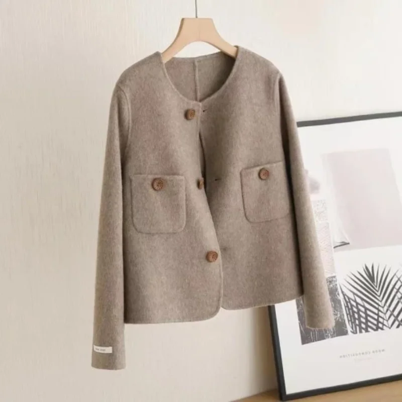 

Short Double-sided Woolen Coat for Women with Small Body Design Round Neck Jacket