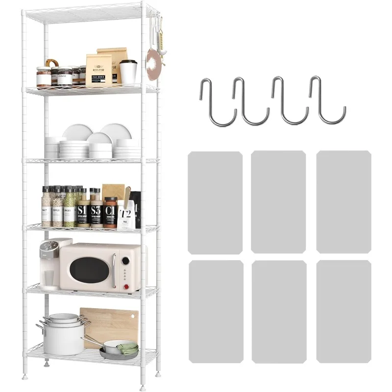 

6-Shelving Unit, Adjustable Wire Shelving, Metal Wire Shelf with Shelf Liners and Hooks for Kitchen, Closet, Bathroom, Laundry