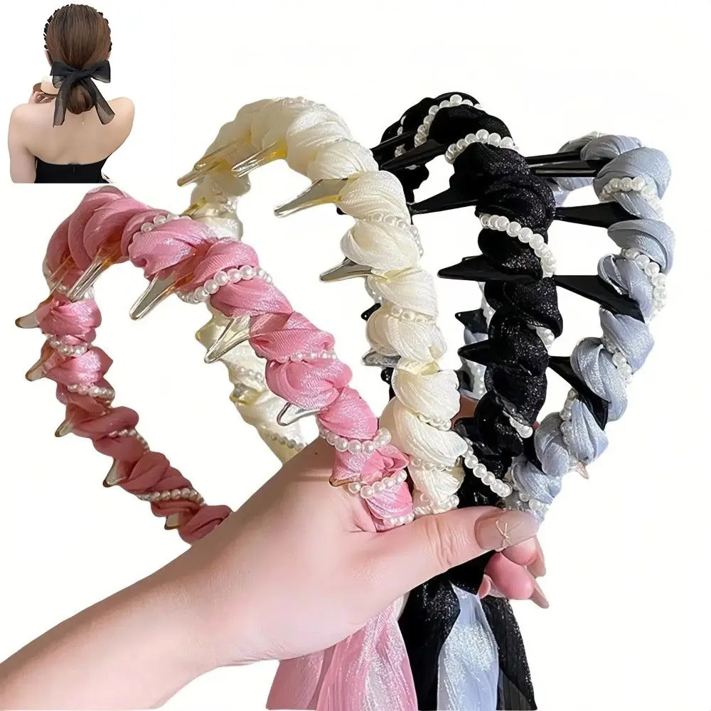 U شكل الساتان النسيج العصابات الشعر الأسنان مشط قابل للتعديل عدم الانزلاق اللؤلؤ رباط شعر عالية أعلى خوذة القوس مضفر عصابات الرأس #2