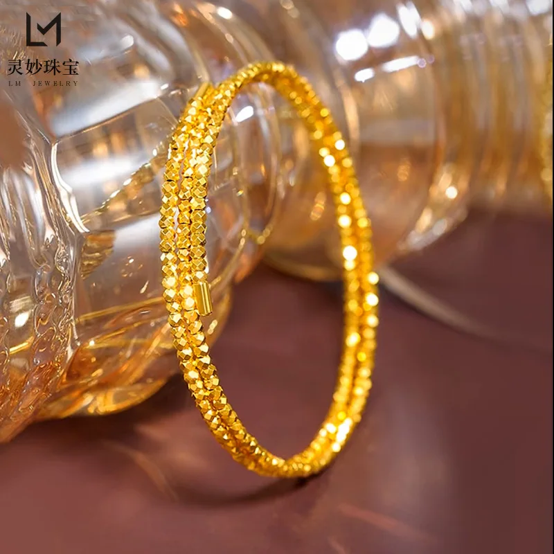 

9999 24K real gold retro flashing dancer bead three-ring bracelet plain ring opening bracelet exquisite gift for girlfriend
