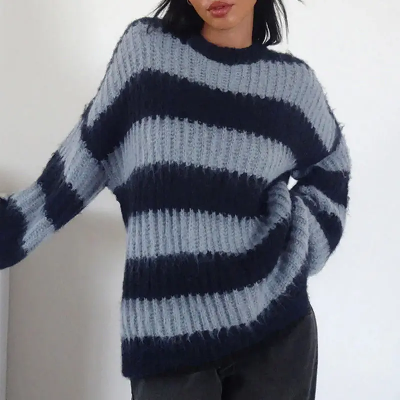 

Knitwear Sweater Color Matching Stripes American College Style Women'S Long Loose Knit Sweater Coat Ins