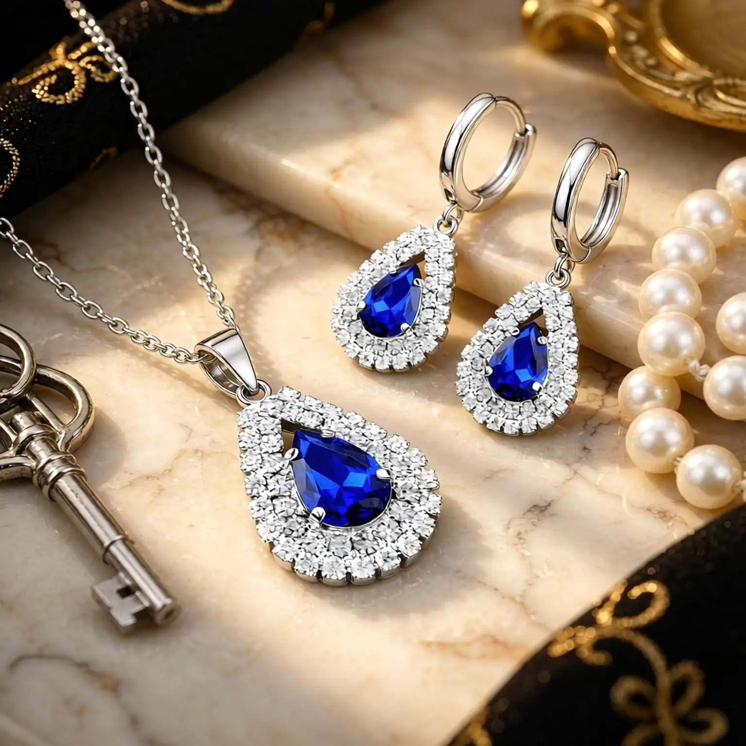Gorgeous 925 Sterling Silver Water Drop Shape Crystal Zircon Necklace Earrings Set Women Girls Weeding Party Nice Jewelry Gifts