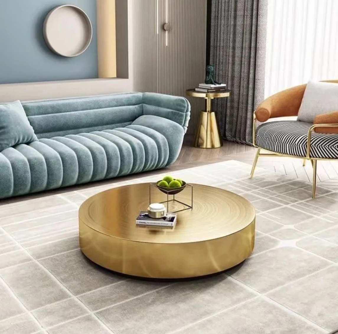 

Круглый Золотой журнальный столик из нержавеющей стали, диван с гальваническим покрытием, стол для гостиной, высококлассный центральный стол с полюсом