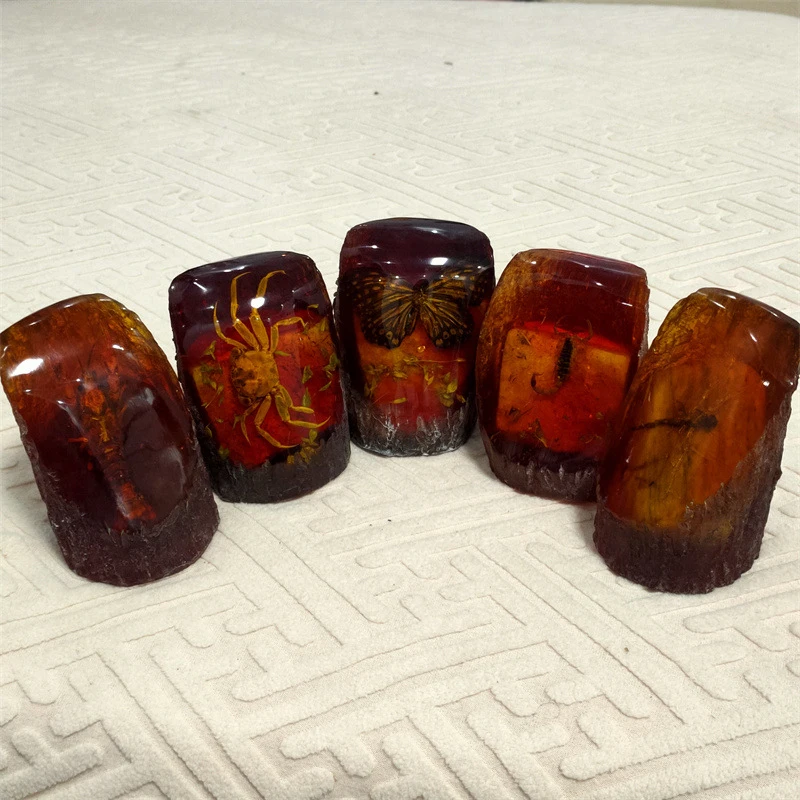 Antiqued artificial resin ornaments: amber butterfly, crab, dragonfly, cicada, scorpion, shrimp
