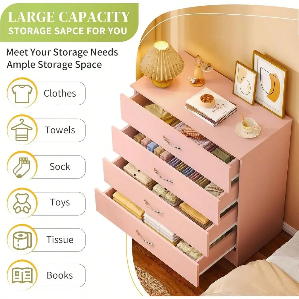 Pink 4Drawer Dresser With Gold Handles, Minimalist MDF Chest Of Drawers, AntiTip Safety Design, Smooth Metal Glides, Spacious S