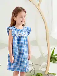 Sweet and cute fashion blue plaid flying sleeve T-shirt dress three-dimensional flower girls western style casual summer dress