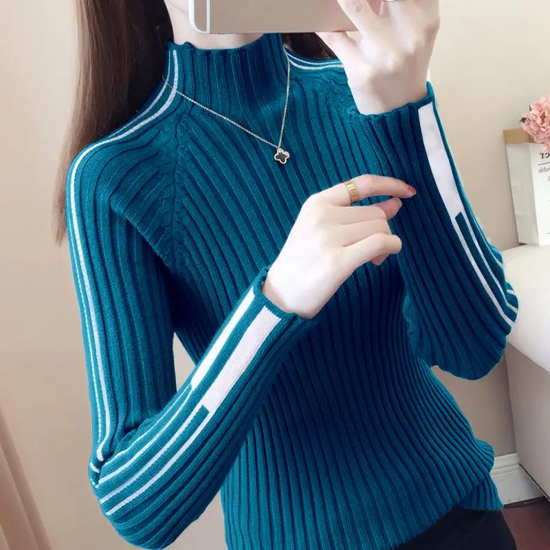 Fashion Turtleneck Knitted Spliced Loose Korean Sweater Women\'s Clothing 2024 Autumn New Casual Pullovers All-match Commute Tops