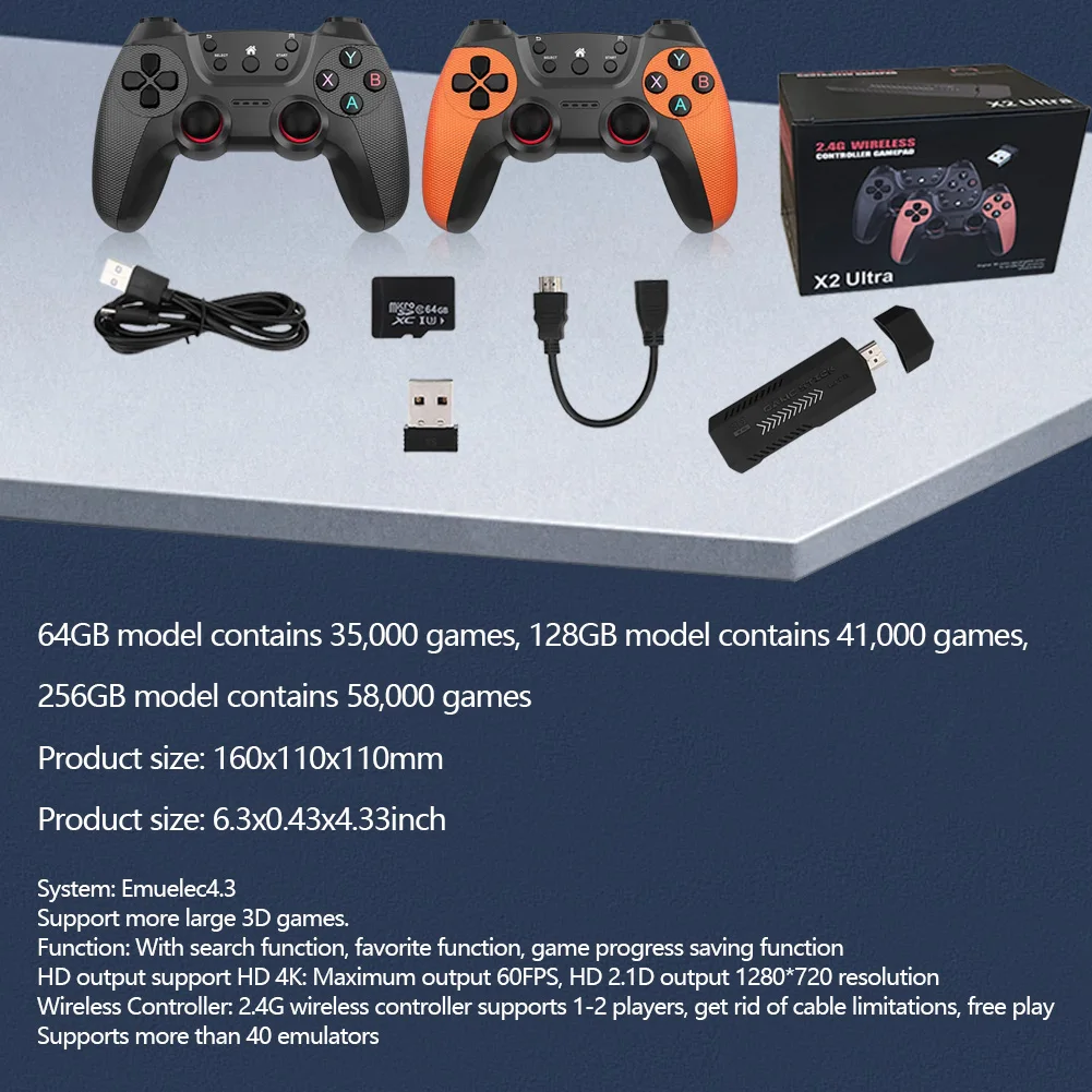 X2 Ultra 4Kゲームスティック ミニTVビデオ 携帯ゲーム機 64G 128G 256G 35000種類以上のレトロゲーム ワイヤレスゲーム機 アーケードエミュレータ