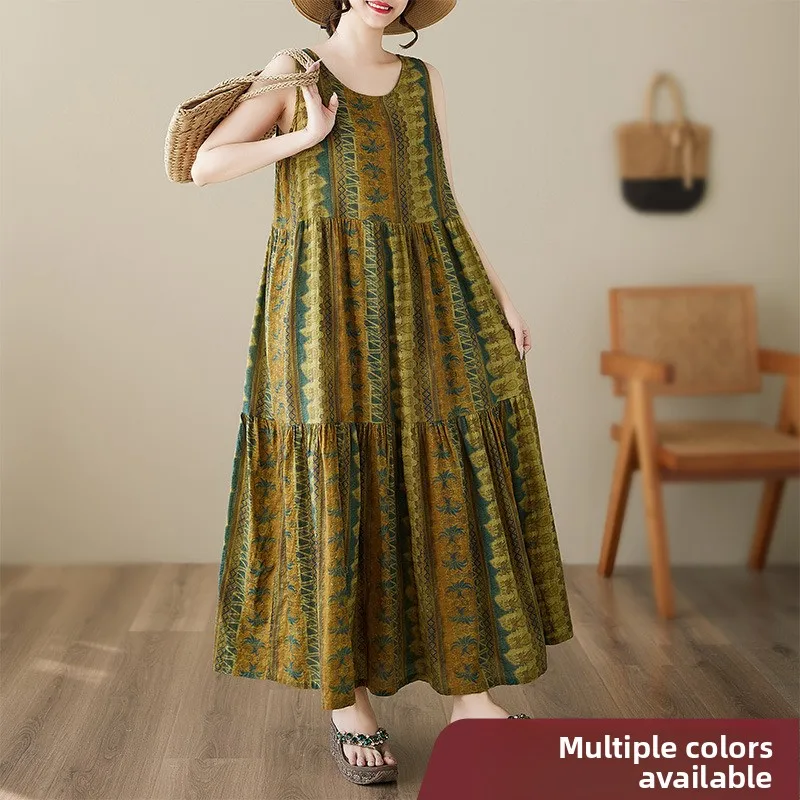 

Художественный винтажный трапециевидный платье большого размера, новый летний женский жилет свободного покроя из смеси хлопка и льна, круглый Ne Long Dr