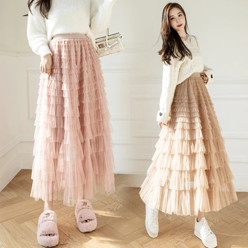 Women Chic Long A-line Skirt In Black Pink Khaki Blue Students Y2k Korean Fashion Femme Summer 2024 On Trend Midi Skirts Length