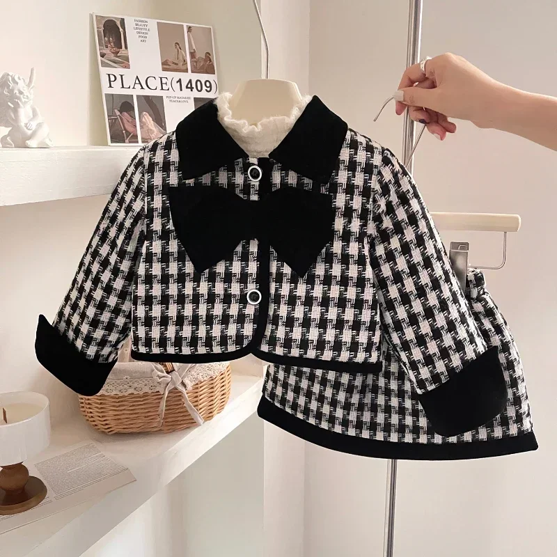 

Girl's Suit Winter New Thousand Bird Lattice Small Fragrant Wind Bow Long Sleeve Coat + Cotton Skirt Two-piece Set