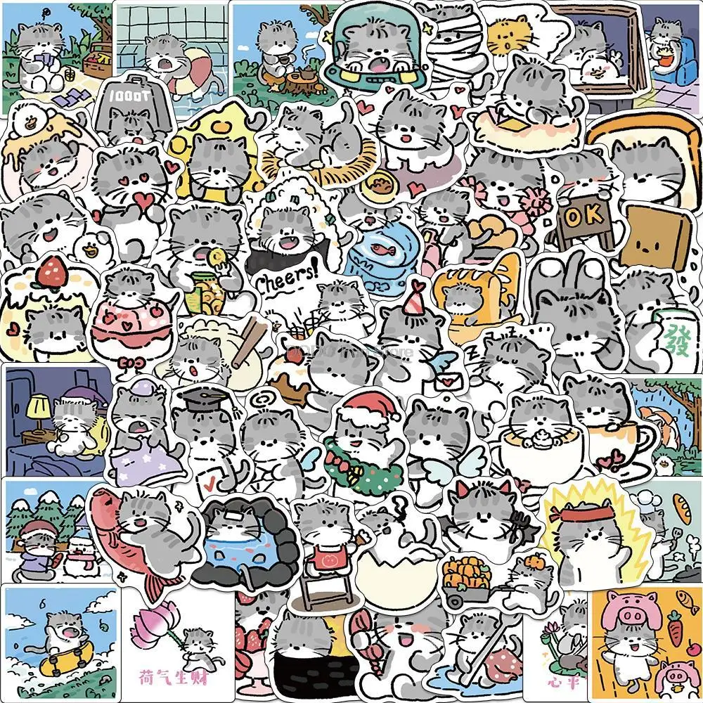 

60PCS Cute Cartoon Cat Diary Graffiti Sticker Waterproof DIY Decorative Water Cup Laptop Case Guitar Children's Gift Decal