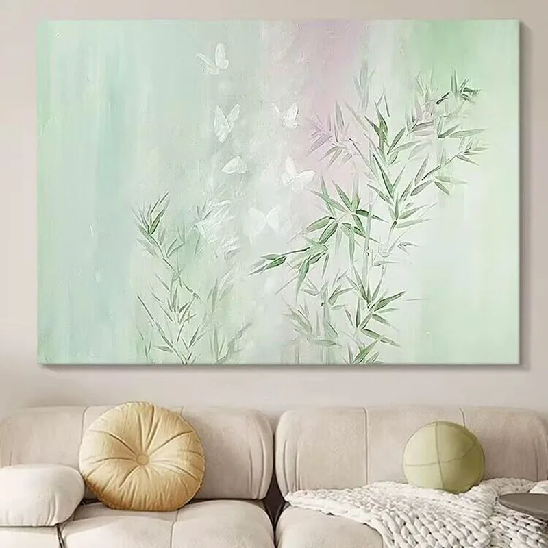 Mint Green Bamboo Decorative Painting Butterfly Hand-Painted Oil Painting For Home Decoration Bedroom Dining Room Living Room