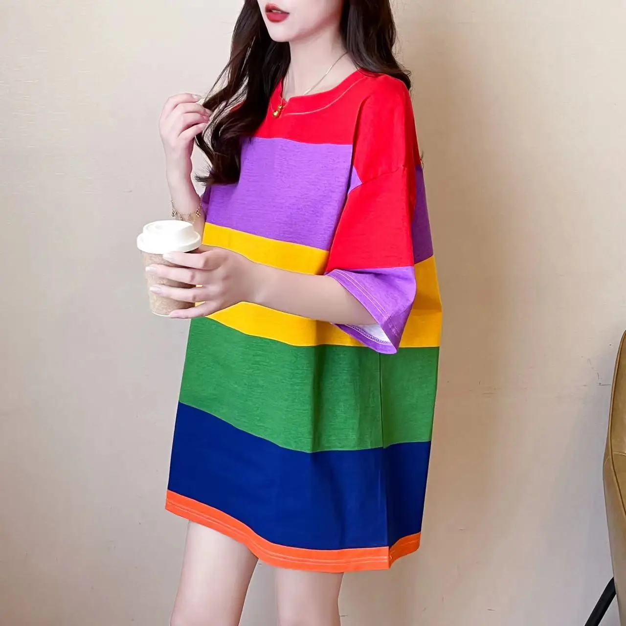 T-shirt da donna Harajuku Girls Plus Size top Rainbow Stripes o-collo maniche corte studenti sciolti maglietta estiva magliette per ragazze