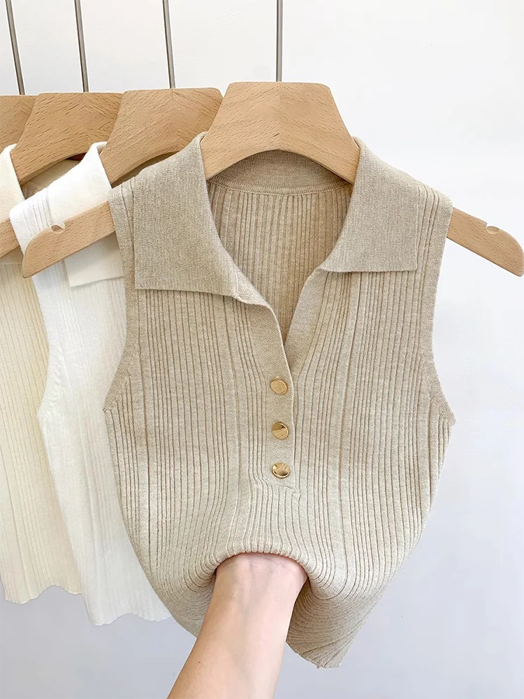  Collar Knitted Vest Women's Summer Unique Exquisite Svel Base irt Slim Fit Top Commute Sle ort Length Single...