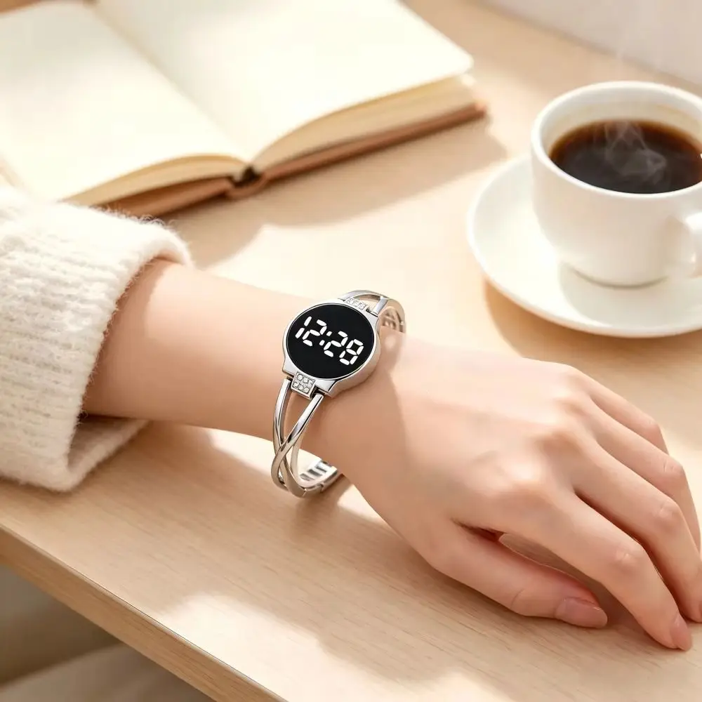 Electronic Touch Screen LED Watch Rhinestone Metal Bracelet Bangle Watch Round LED Display Touch Screen Watch Students