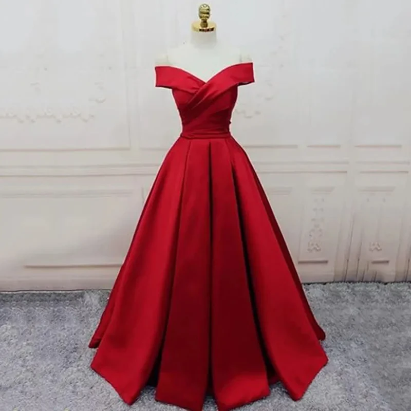 

Red V-Neck Prom Dresses 2025 Off Shoulder A-Line Evening Dress Floor-Length Elegant Pleated Wedding Party Dresses Customized