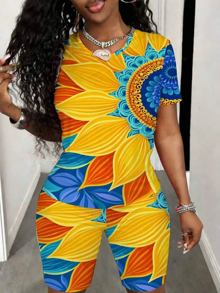 

Womens Vibrant Sunflower Print Two Piece Set Short Sleeve Top And Shorts