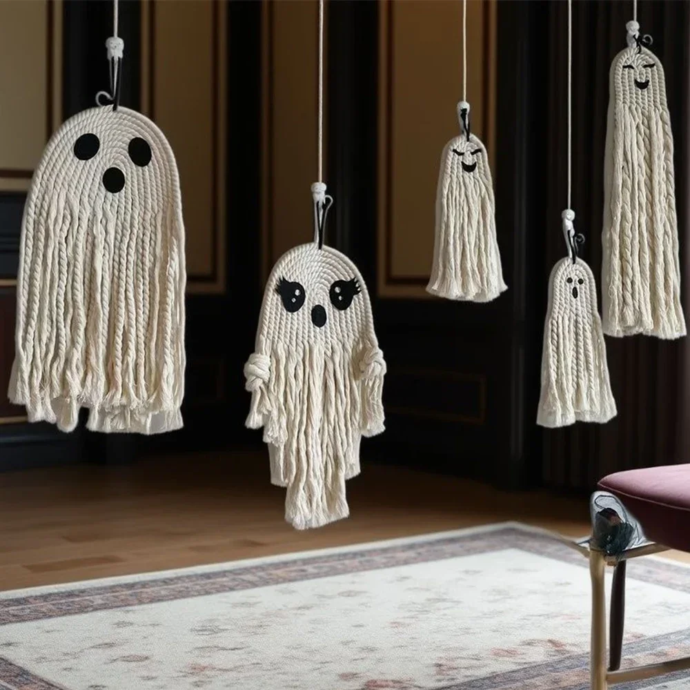 Halloween White Ghost Ornament Hand Woven Cotton Rope Hanging Ins Style DIY Party Decor Home Macrame Aesthetic Room Decor