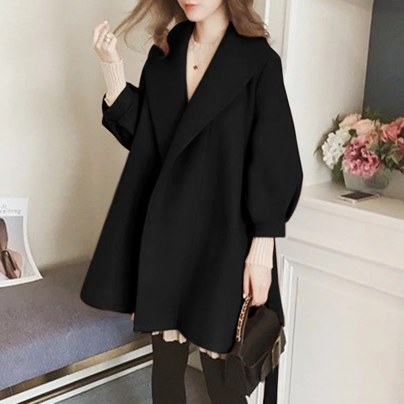 

Fashion Autumn and Winter Wool Coat with Waist Wide Loose Jacket Solid Color Puff Sleeve Jacket Korean Chic Cardigan S-5XL