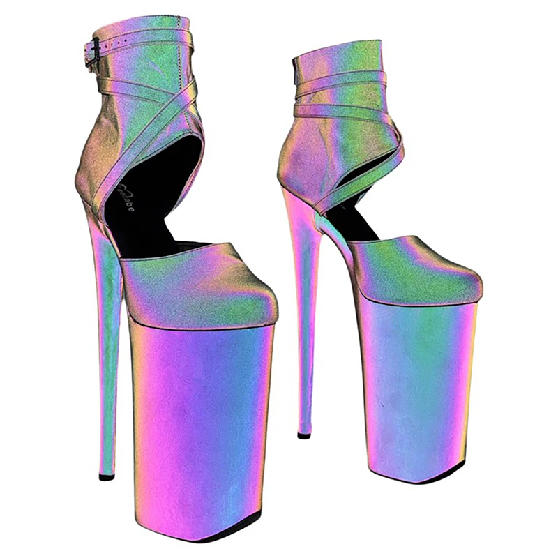 Leecabe  23CM/9inch Reflect light holographic PUTrendy Fashion platform stripper heels High Heel Pole Dance boots