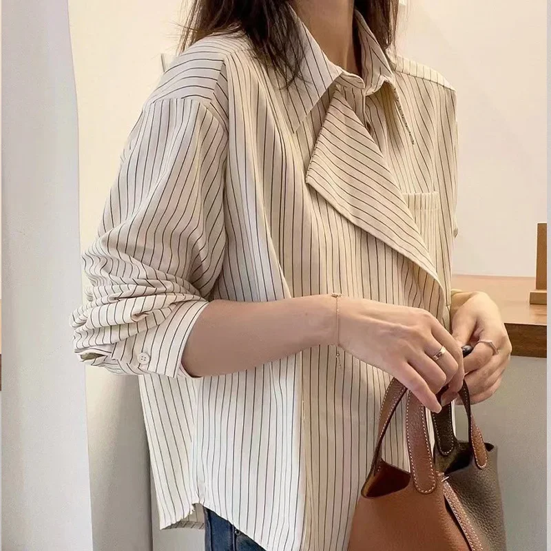 Casual Commuting Polo Collar Long Sleeves Striped Shirt for Women\'s Spring Autumn New Western Style Loose Temperament Trendy Top