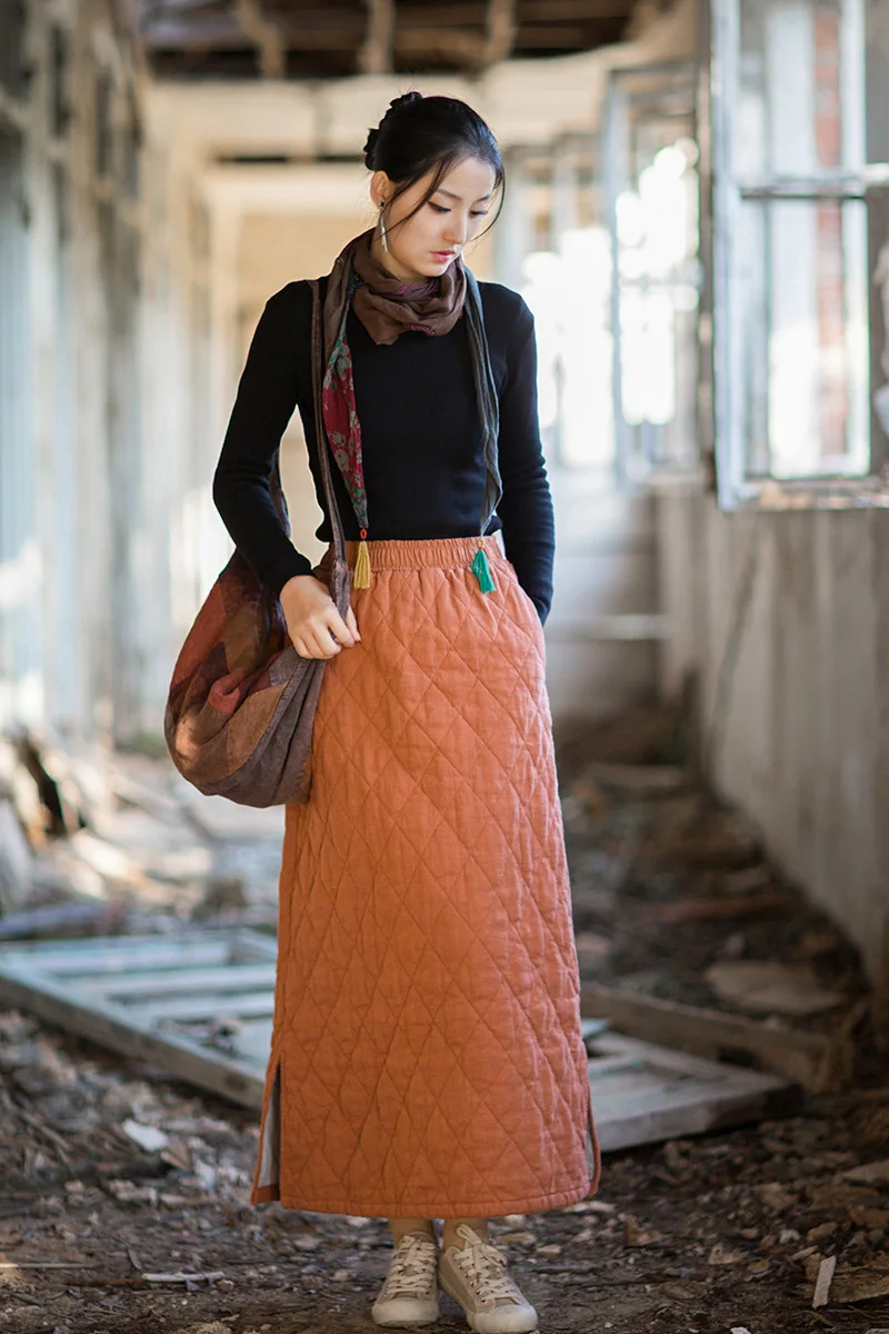 A Style Vintage Women Winter Ramie Cotton Skirts Elastic Waist High Waist 2025 Chinese Style Plus Cotton Warm Thick Long Skirts