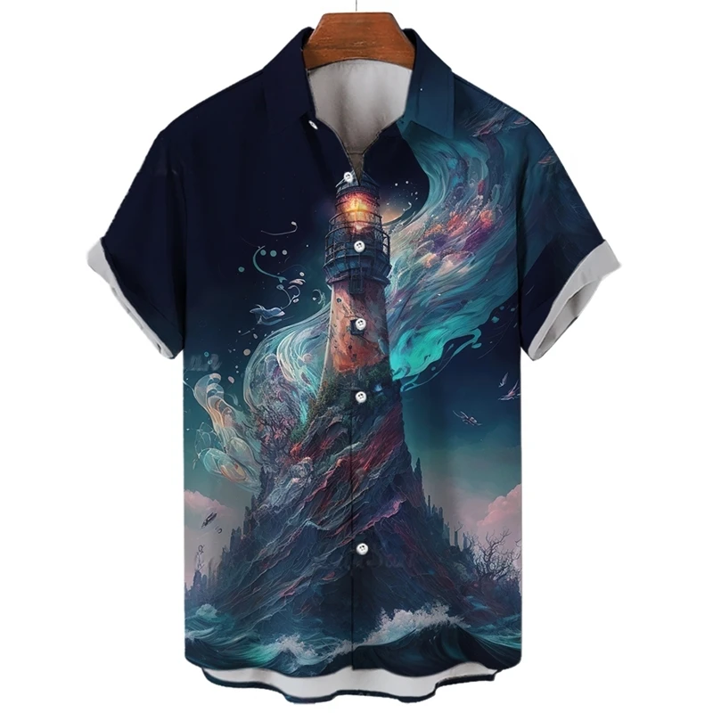 

Lighthouse Men'S Shirts Summer 3d Print 2023 Casual Fashion Hawaiian Shirts Man Street Button Short Sleeves Male Clothes Top Tee