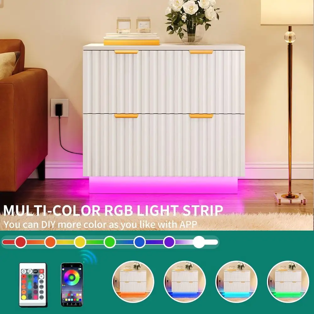 Contemporary White LED-lit 2-Drawer File Cabinet for Home Office Storage