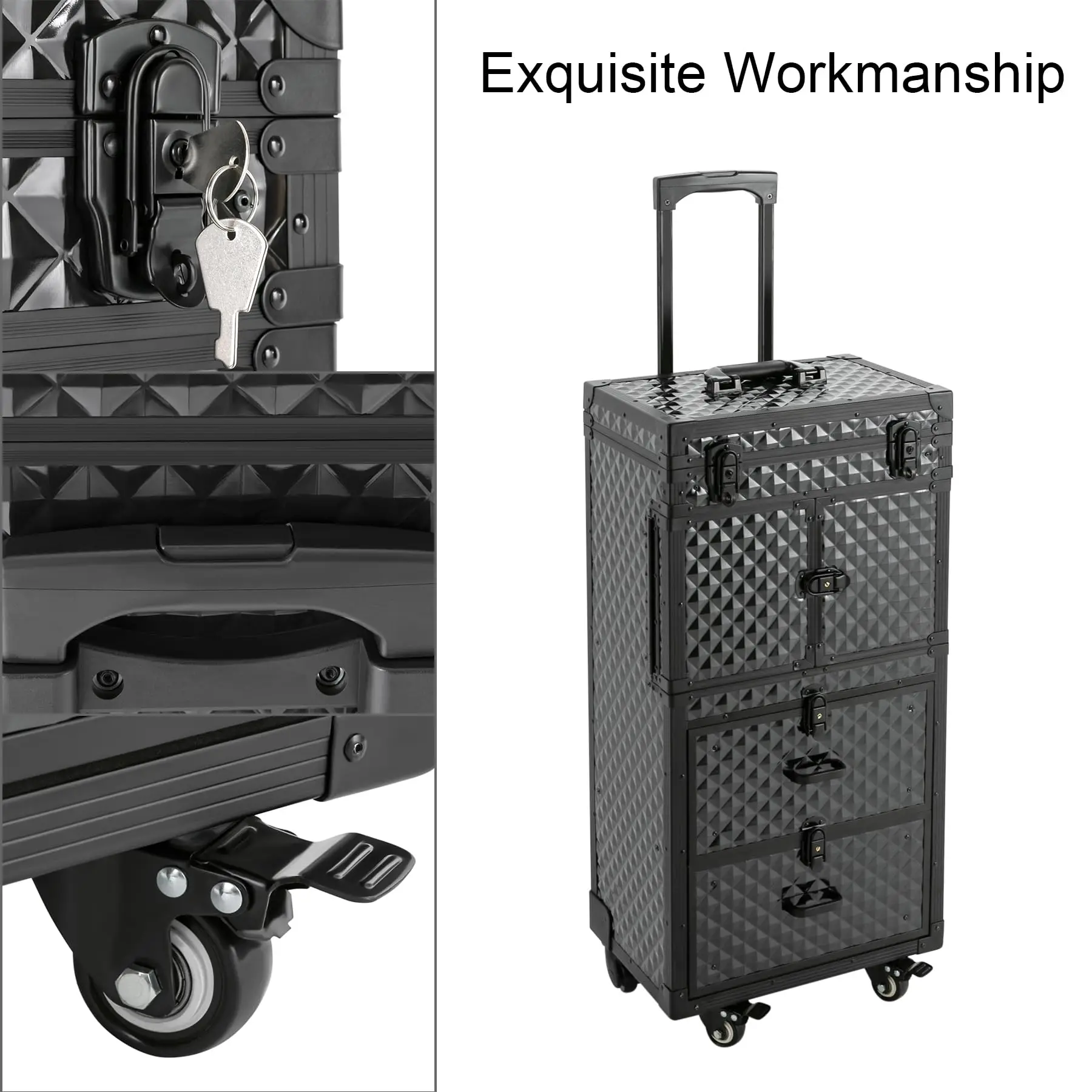 Aluminum 4-in-1 Professional Makeup Artist Rolling Train Case, Lockable Cosmetic Train Case, Large Trolley Storage Case, with Compa