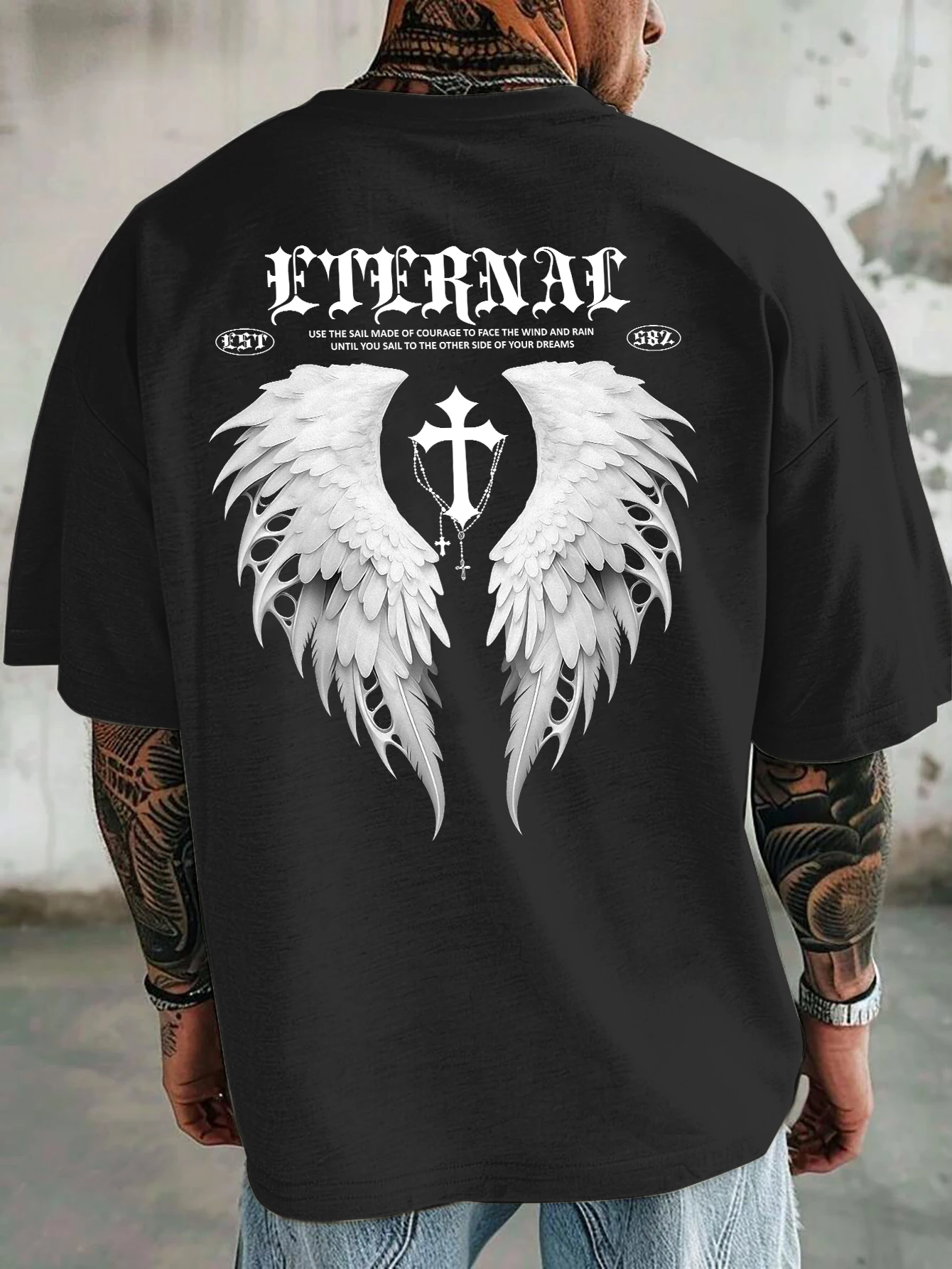 Men's Oversized T Shirt Eternal Wings Cross Graphic Print Streetwear Gothic 100% Polyester Short Sleeve Casual Tee