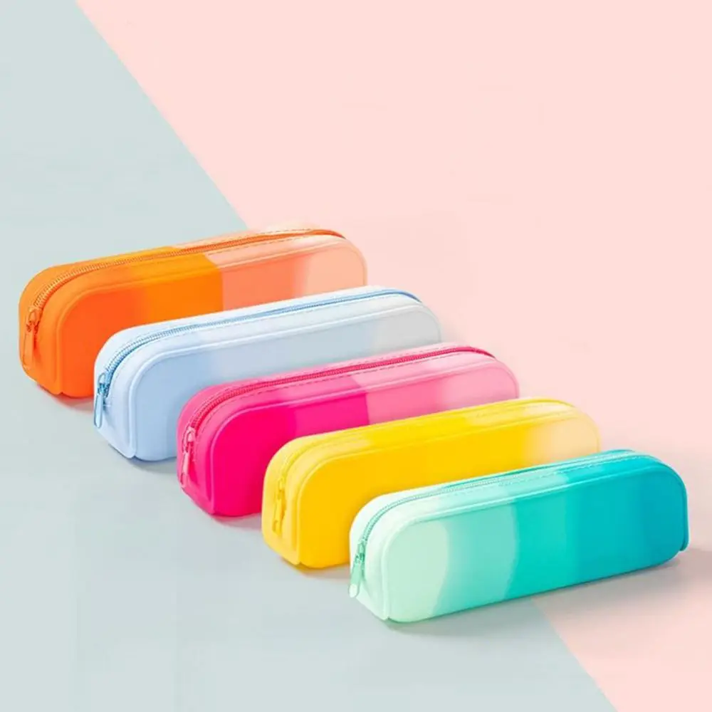 Creative Soft Silicone Pen Bag Gradient Color Multifunctional Pencil Case Large Capacity Learning Supplies Pen Storage Bag