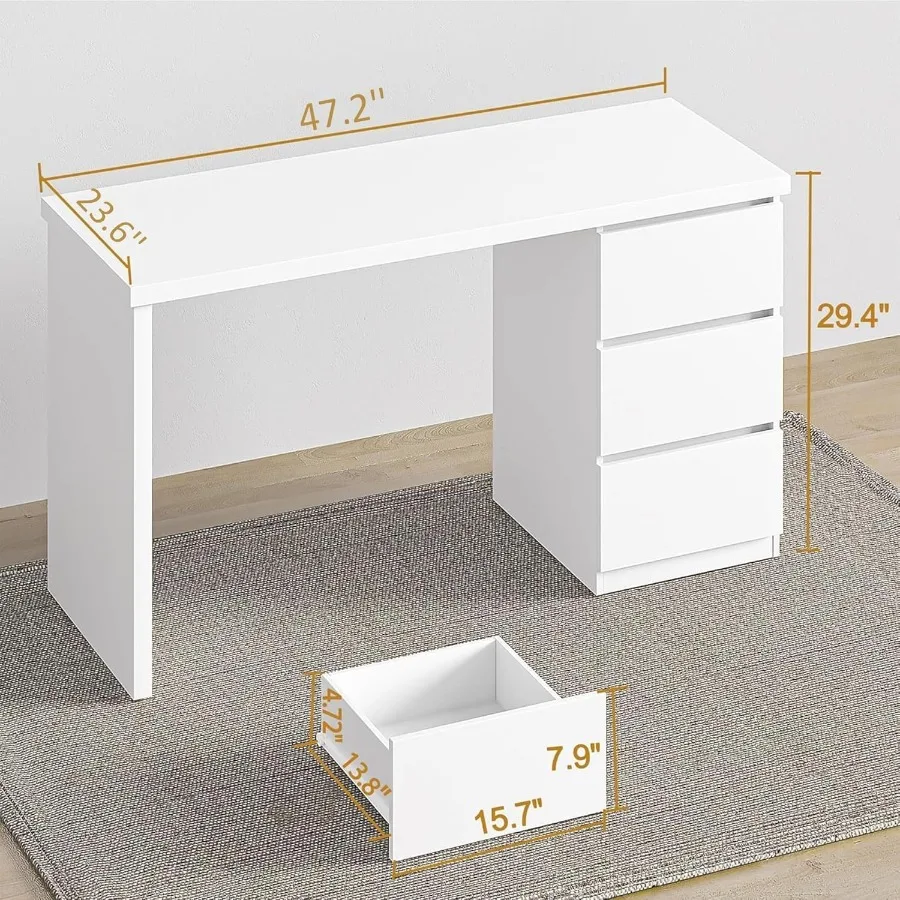 White Desk with Drawers 47'' W Home Office Desk Gaming Table Modern Vanity Desk with Storage Wood Computer Desk Writing Worksta