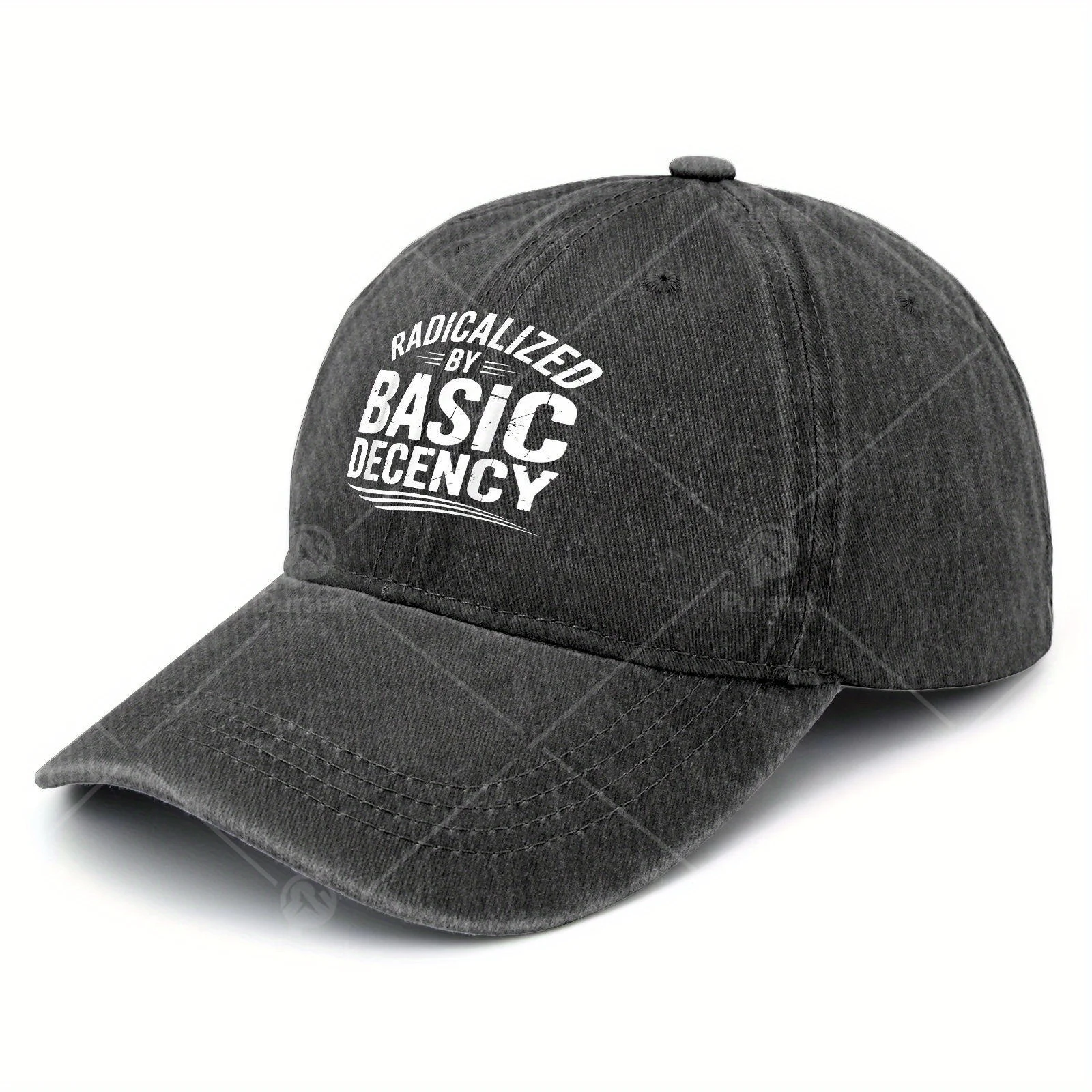 RADICALIZED BY basicss DECENCY Baseball Hat | Unisex trendy Washed Distressed Cap, Lightweight, Dome Style, Curved Brim, All Ove