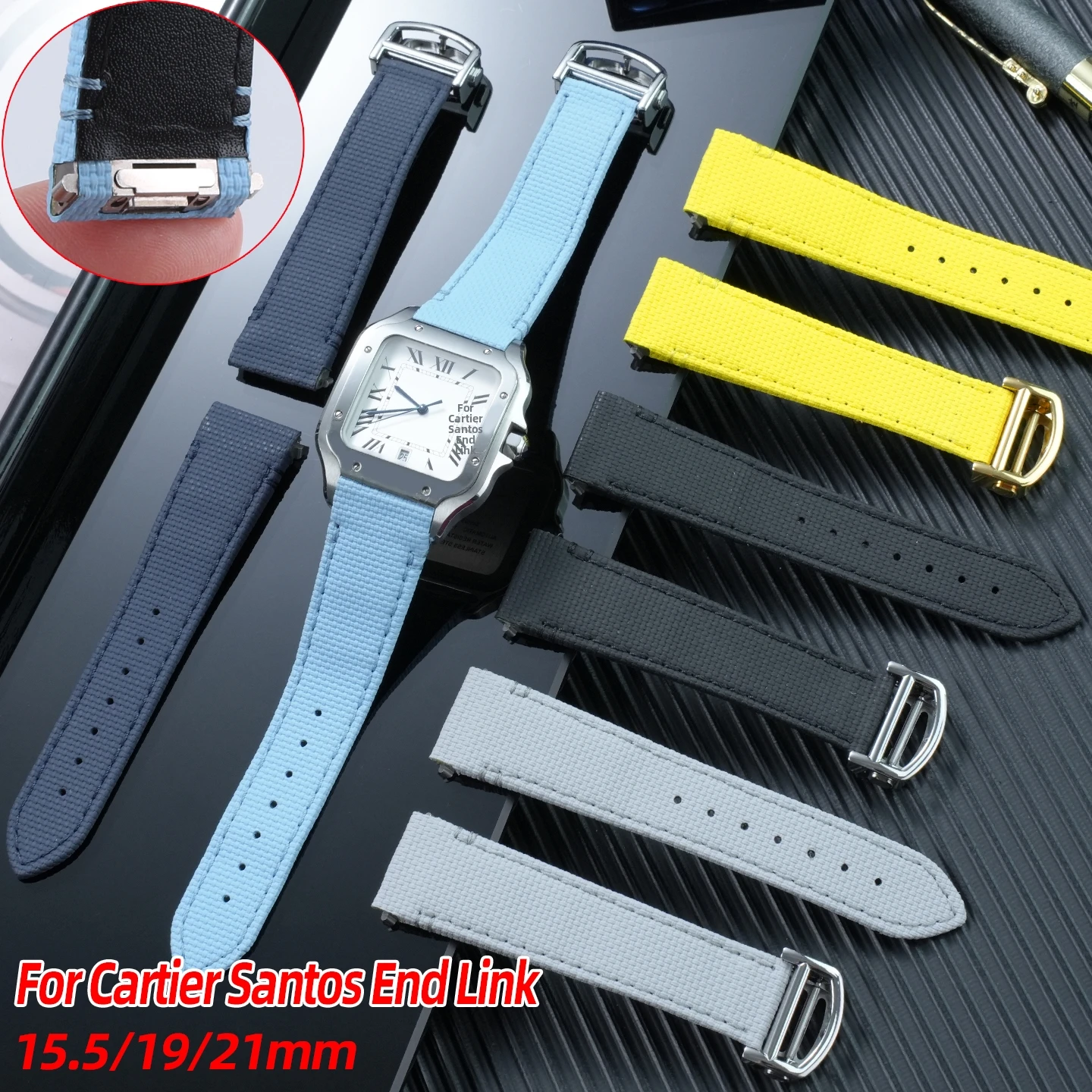 15mm 19mm 21mm For Cartier Santos watch strap FKM Rubber watchband Sandos Quick Release Metal End Linking Customize band bracele