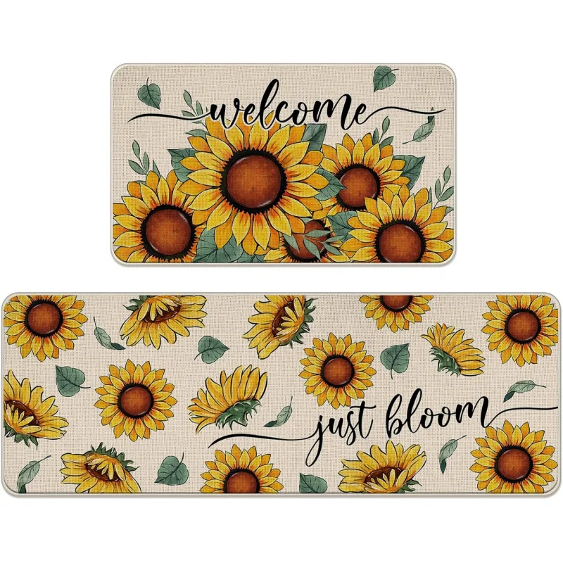 Christmas and New Year Sunflower Kitchen Carpet 2-piece Set Just Blooming Flower Leaves Autumn Home Decoration Door Mat