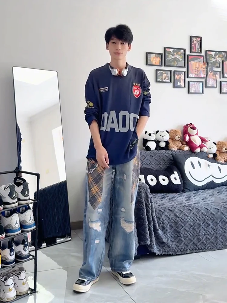 

Голубые мужские джинсы в клетку с принтом irt, прямые брюки в стиле ретро в стиле пэчворк, повседневная свободная посадка, повседневная одежда