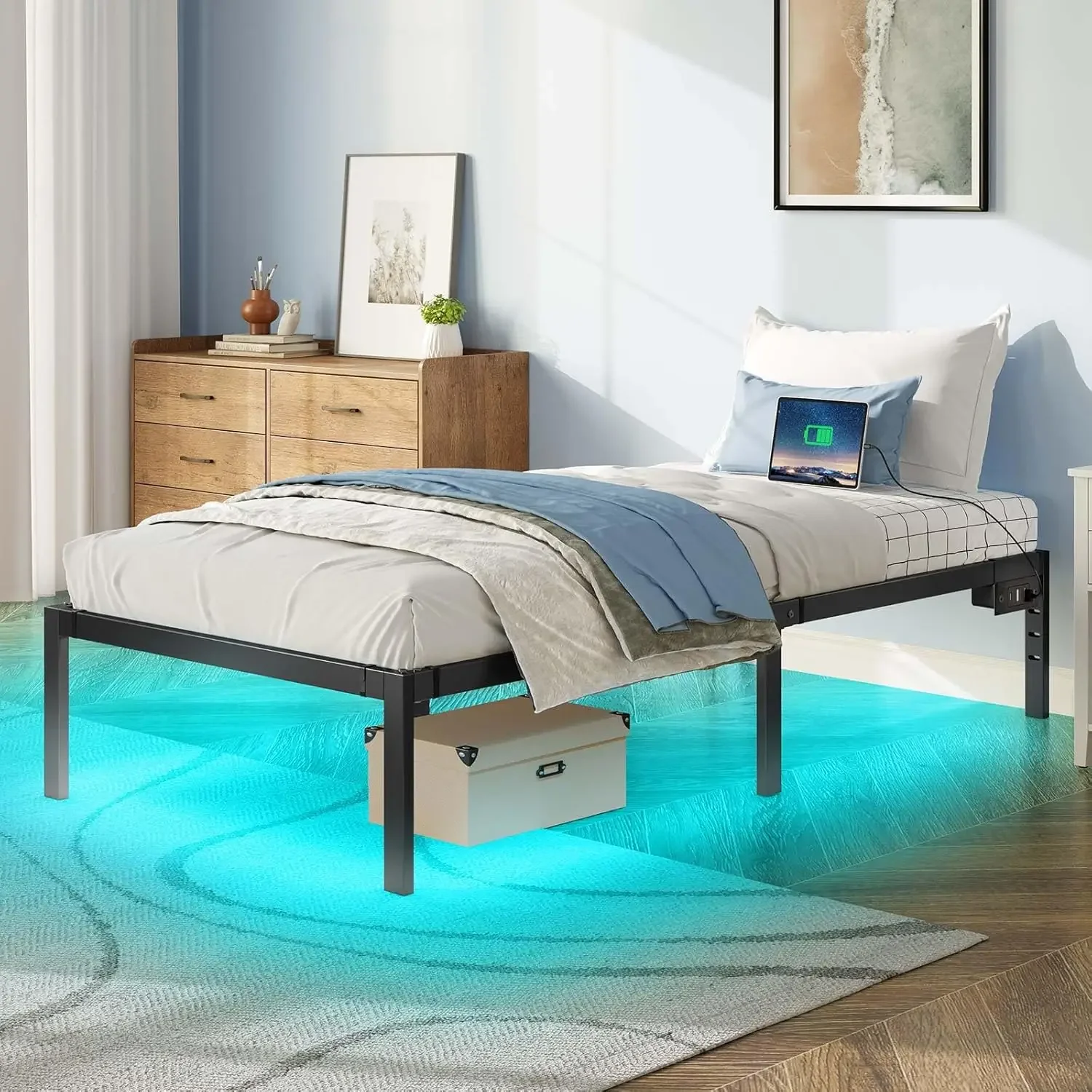 Cadre de lit avec station de charge USB, lit jumeau avec lumières LED, cadre de lit à plateforme avec lamelles en acier rapide, 1