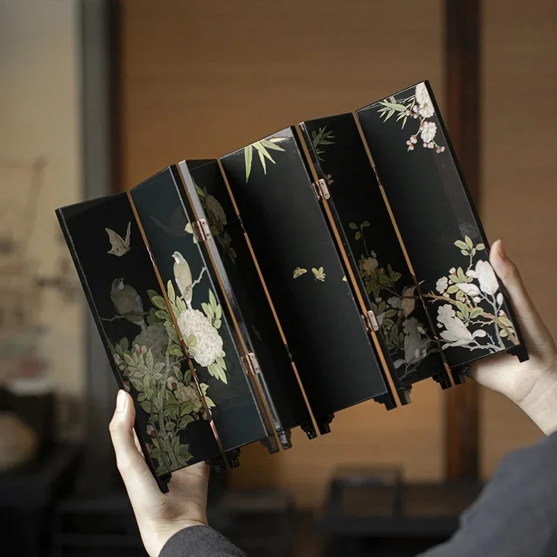 Double-sided Small Screen Ornaments Chinese Tea Table Lacquerware Wooden Ornaments Tea Space Ceremony Accessories