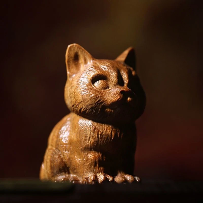 Hand Carved Wood adorable cat Statue Figurine Desktop Ornaments Home Decoration Crafts Tea Pet Decor