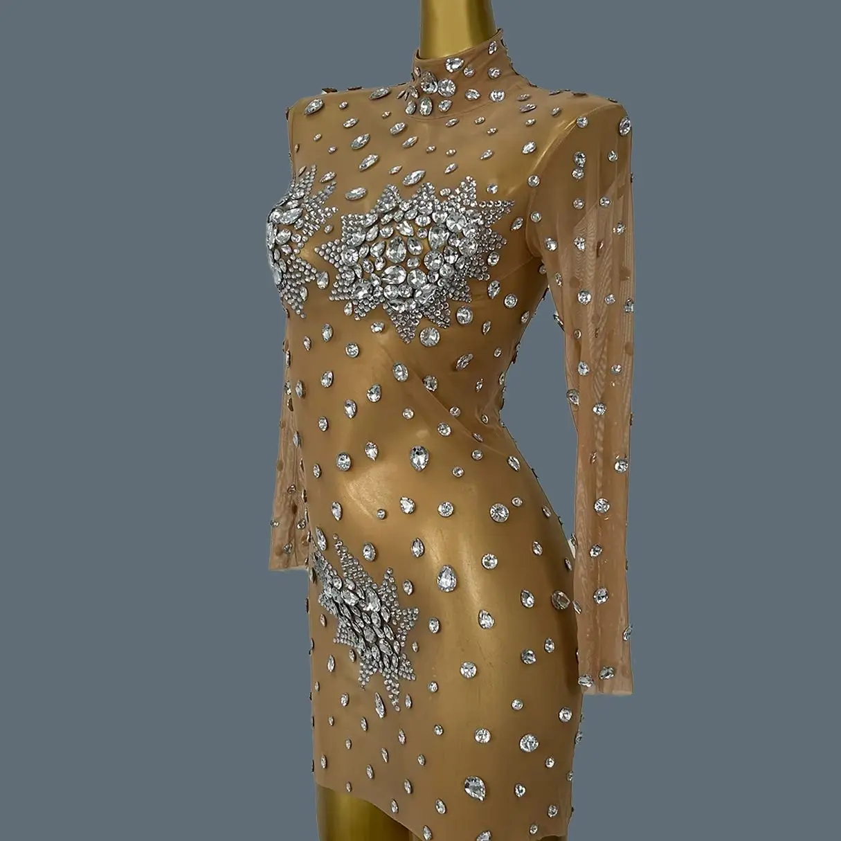 Flashing Rhinestones Transparent Sexy Party Dress for Women Celebrity Performance Show Women Outfit Evening Prom Gowns Guibin