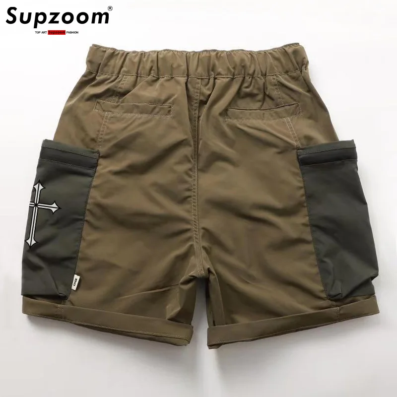 Supzoom New Arrival Top Fashion Summer Loose Casual Belt Design Cross Trendy grid Stitching Pocket Personalized Shorts Men