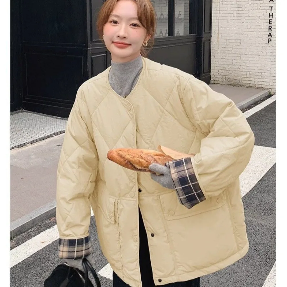Autumn Winter Quilting Cotton-padded Jacket Plaid Splice Cotton Coats Warm Woman Light Thin Parker Coat Sweet Coat Puffer Jacket